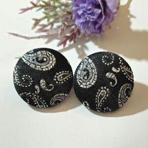 Vintage Black & White Paisley Fabric Earrings Large Round Post Earrings